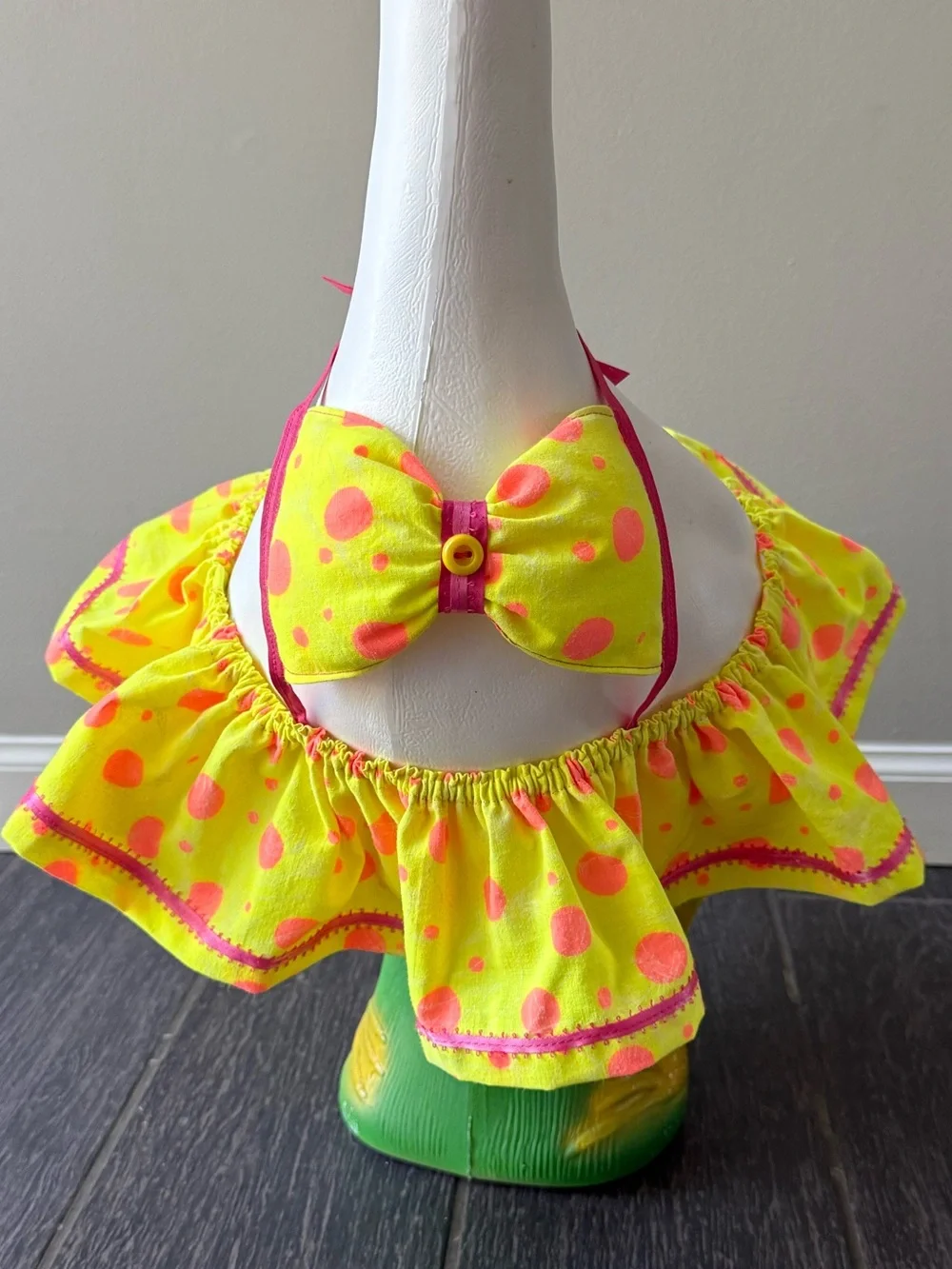 Yellow & pink polka dot bikini with hat for 23” porch goose